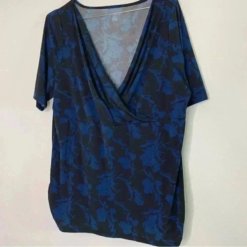 Lane Bryant Top Plus 18/20 Empire Waist Stretch Floral Surplice Blue & black
